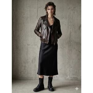 MICHAA Women Brown Soft Leather Biker Jacket Sz 6 Asymmetric Korean 90’s Grunge